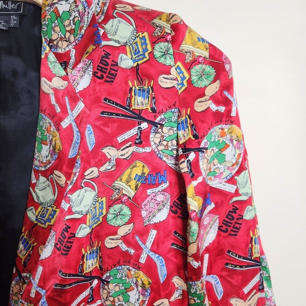 VTG 90s Nicole Miller Silk Blazer Chow Mein Mai Tai Takeout Print M